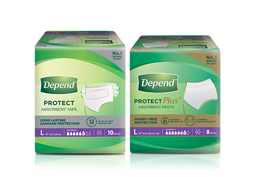 Depend absorbent pants and tapes packshot