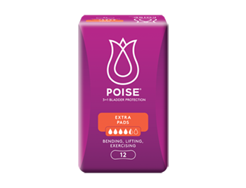 Poise extra pads, with 'buy now' button and 'learn more' link