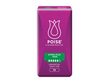 Poise extra plus pads, with 'buy now' button and 'learn more' link
