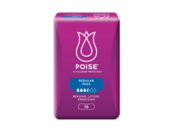 Poise regular pads, with 'buy now' button and 'learn more' link