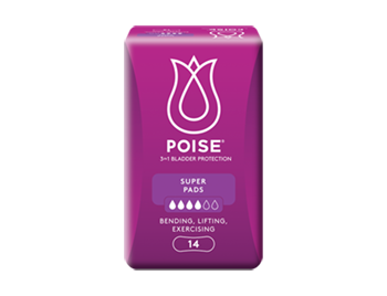 Poise super pads, with 'buy now' button and 'learn more' link